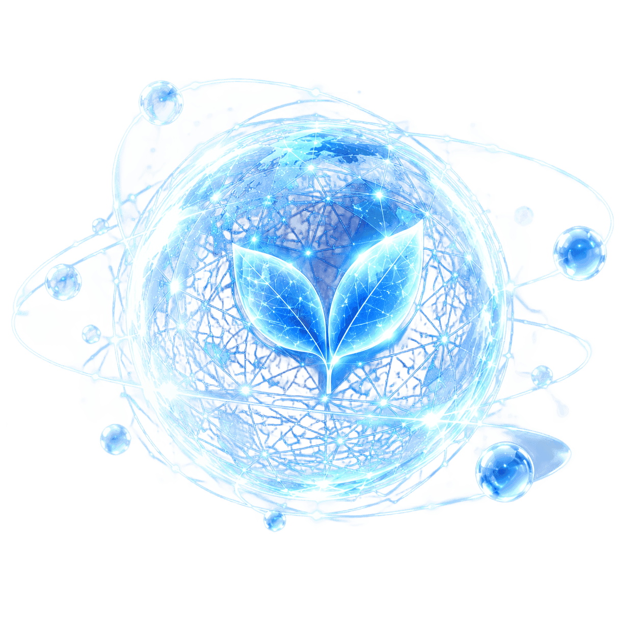 A glowing globe with a young plant inside, circled by orbits