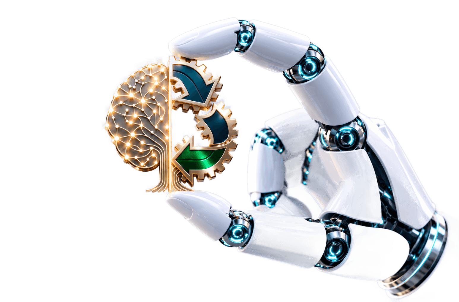 A robotic hand holding the BiorefMind emblem: a circuit brain beside recycling gear-arrows
