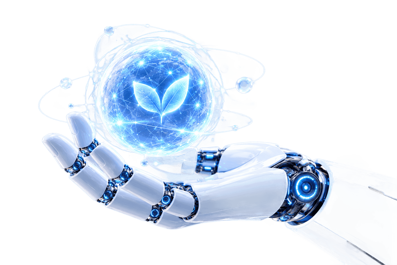 A robotic hand holding a glowing globe with a young plant inside
