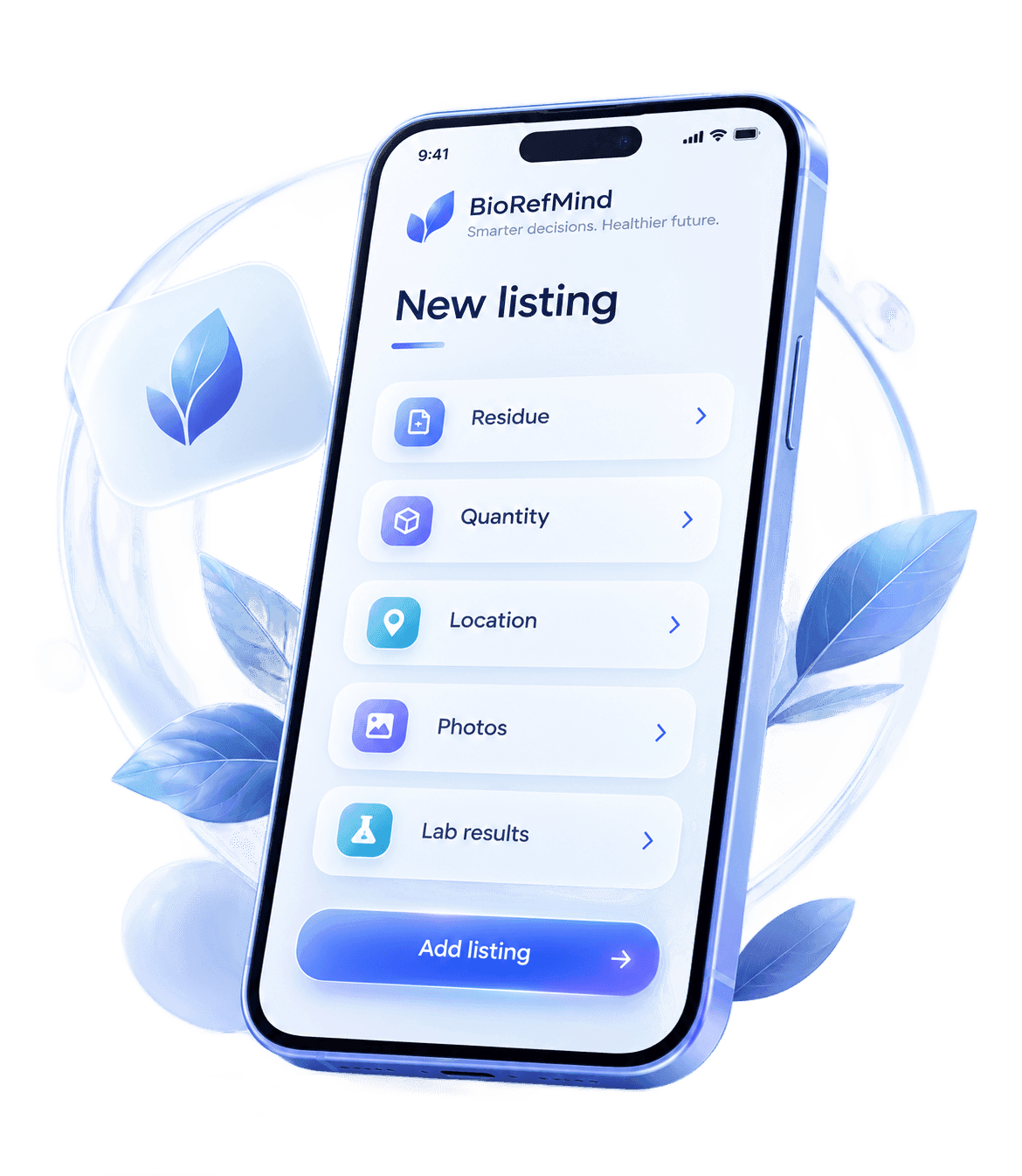 The BiorefMind app on a phone, on the New listing screen